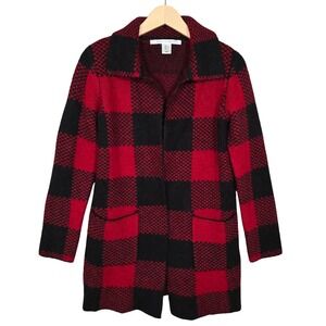 Max Studio Women's Wool Blend Buffalo Plaid Longline Cardigan Red Black S